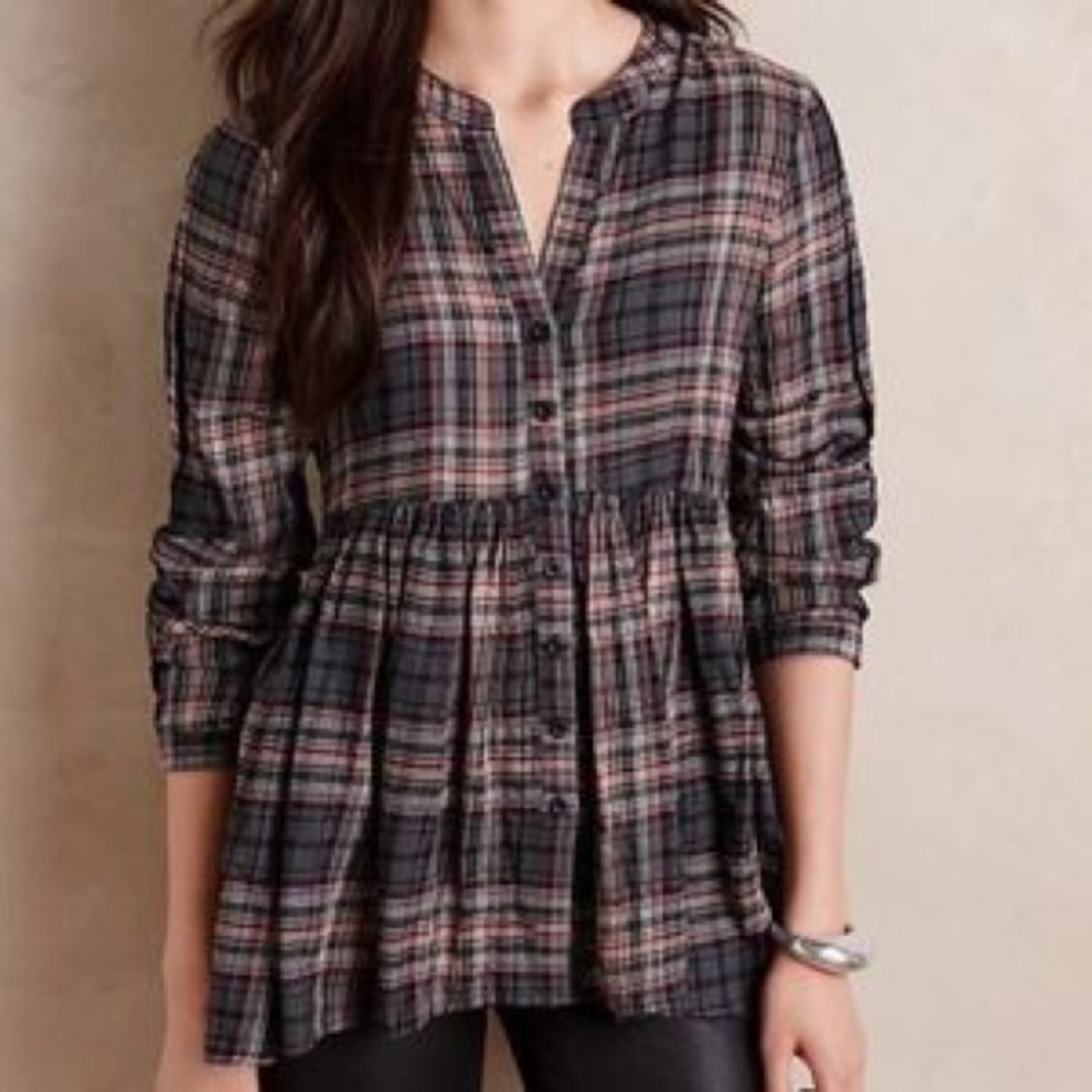 Anthropologie 11•1•Tylho Black Plaid Babydoll Top small